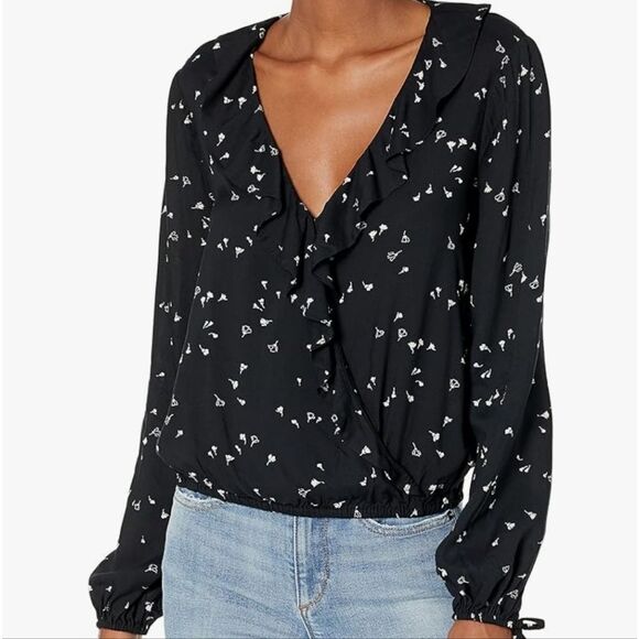 PAIGE Abelie Surplice Wrap Top XS Long Sleeve Black White Floral Rayon Ruffled - Picture 2 of 16